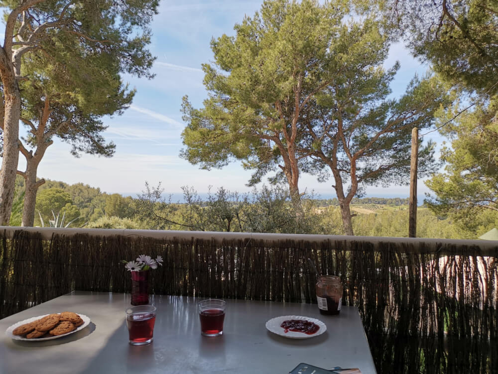 Terrasse du Chalet Le Brusc en camping 4 étoiles à Saint Cyr sur Mer